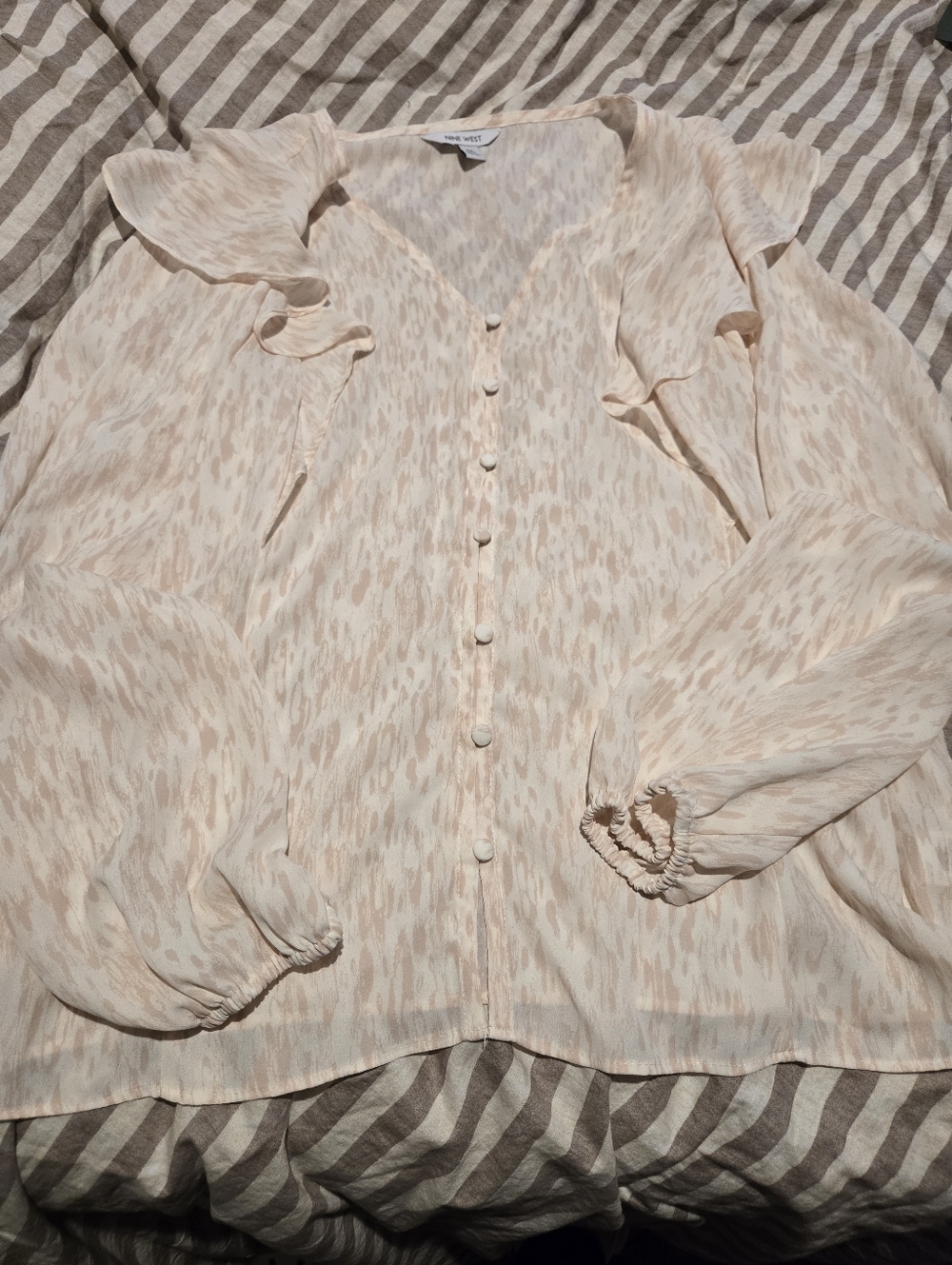 Nine West Pink Cream Printed Ruffle Blouse